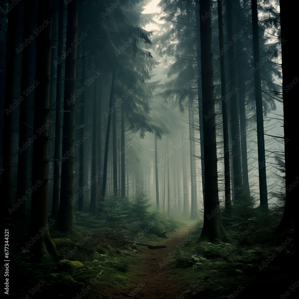 Naklejka premium Sunbeams filtering through a misty coniferous forest at dawn. Shallow field of view.
