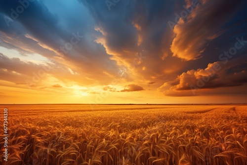 Cumulus clouds over golden wheat fields at sunset © Dan