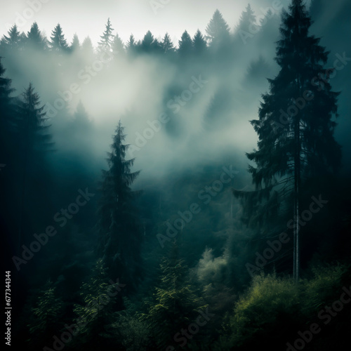 Sunbeams filtering through a misty coniferous forest at dawn. Shallow field of view.