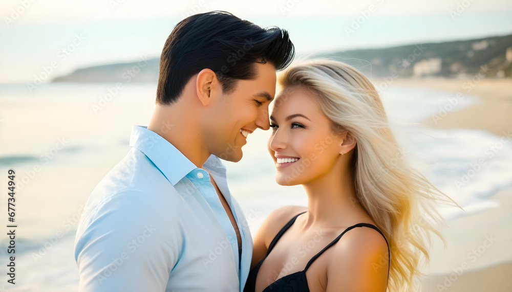 A happy beautiful couple laughinf by the beach A happy beautiful couple laughinf by the beach