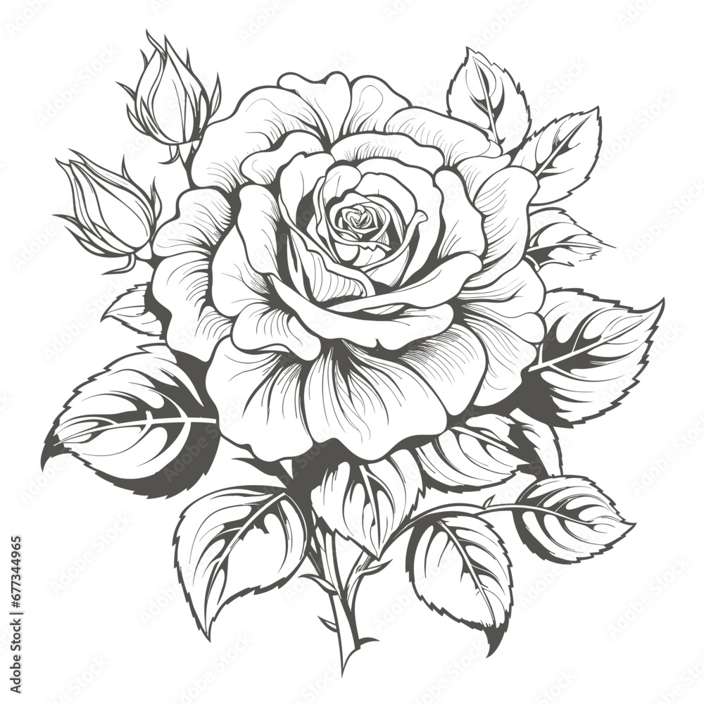 Isolated rose flower line art with leaf clipart