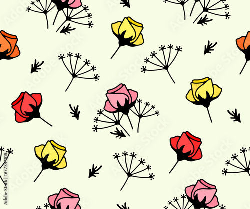 Flowers, floristics, floweret and floral, seamless vector background and pattern. Flower shop, florist shop, blooming, flowering and floristry, vector design and illustration