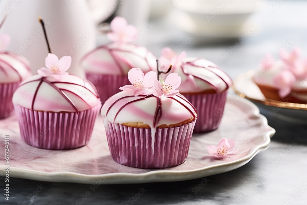 Cherry blossom muffins with pink glaze on marble