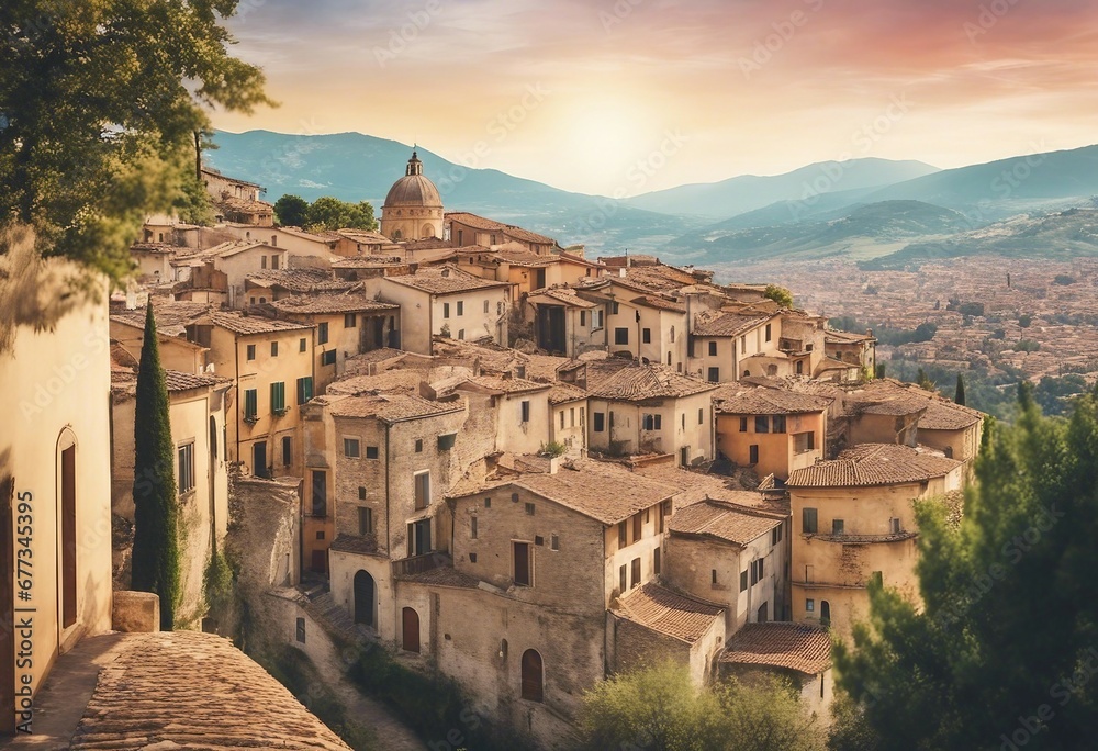 Enchanting Italian Landscape: Watercolor Panorama of an Old Hillside Town on Art Postcard
