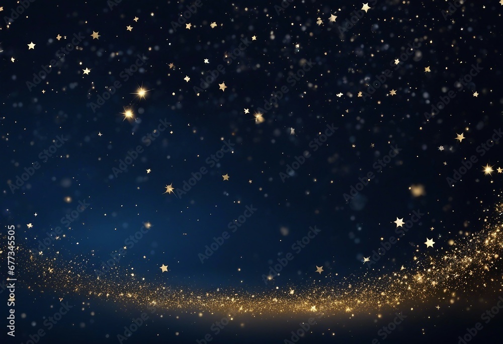Obraz premium Magic Dark Blue Night Sky with Twinkling Stars: Gold Glitter Dust Splash Background - Scattered Celestial Illumination