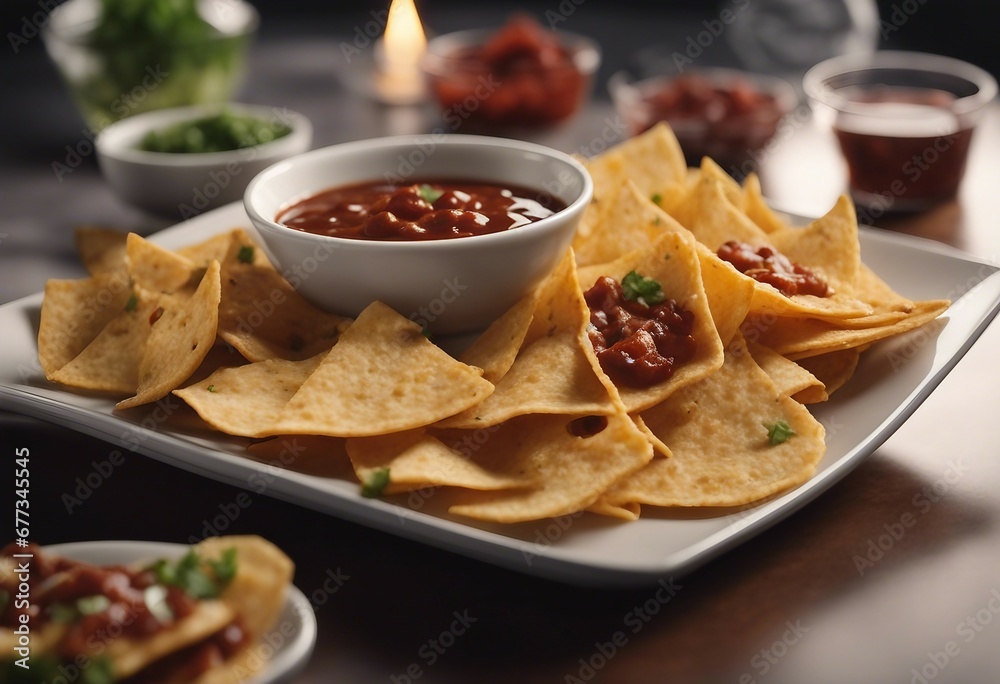 Plate of freshly made spicy nachos with dipping sauce Plate of freshly made spicy nachos with dipping sauce