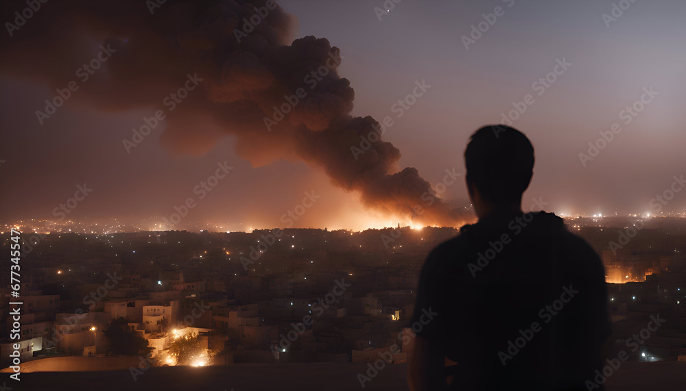 A man looking at a big fire in the city of Cairo.