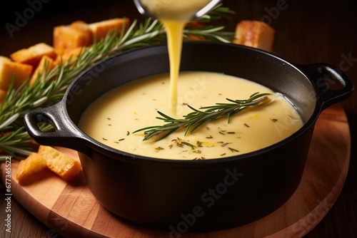 Cascading cheese fondue with sprigs of rosemary