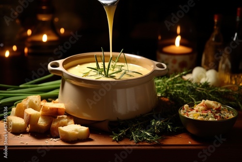 Cascading cheese fondue with sprigs of rosemary
