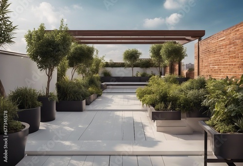Modern Rooftop Terrace Panorama: Stylish Design with Hardwood Floors, Plants, Brick Fence, and White Patio Furniture