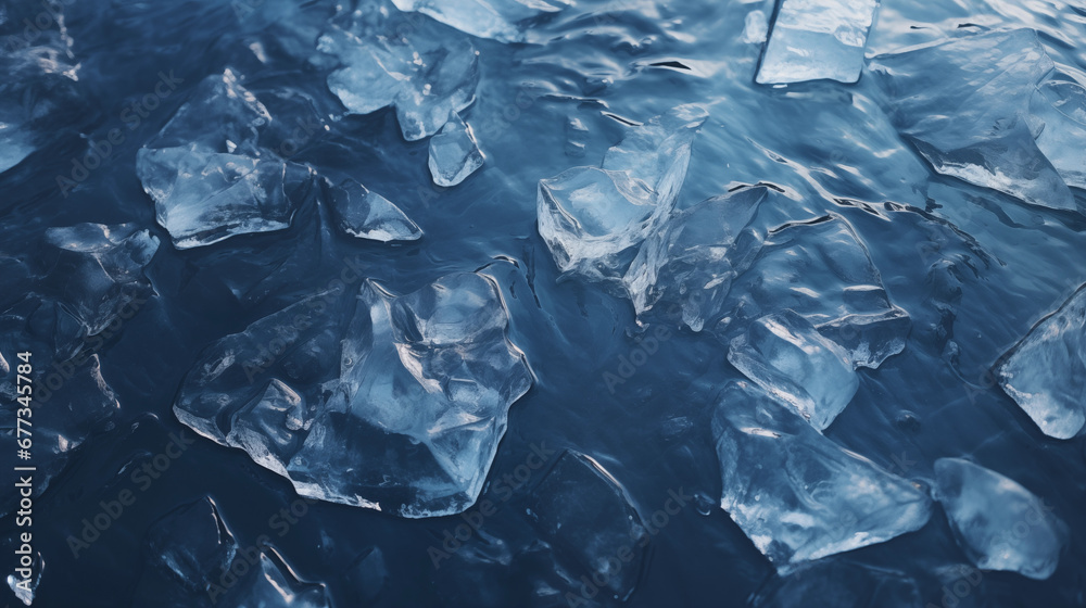 Broken ice in blue water. Natural ice. Cold frozen water. Winter season. Arctic glacier, north beauty. Abstract wallpaper, transparent texture. Generated AI