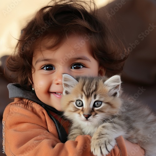 AI-generated illustration of an outdoor portrait of a young boy holding his pet cat. MidJourney.