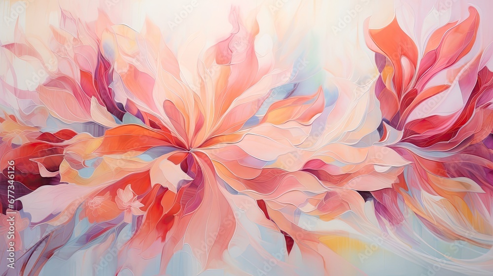  a painting of pink and red flowers on a blue and white background with a light blue sky in the background.