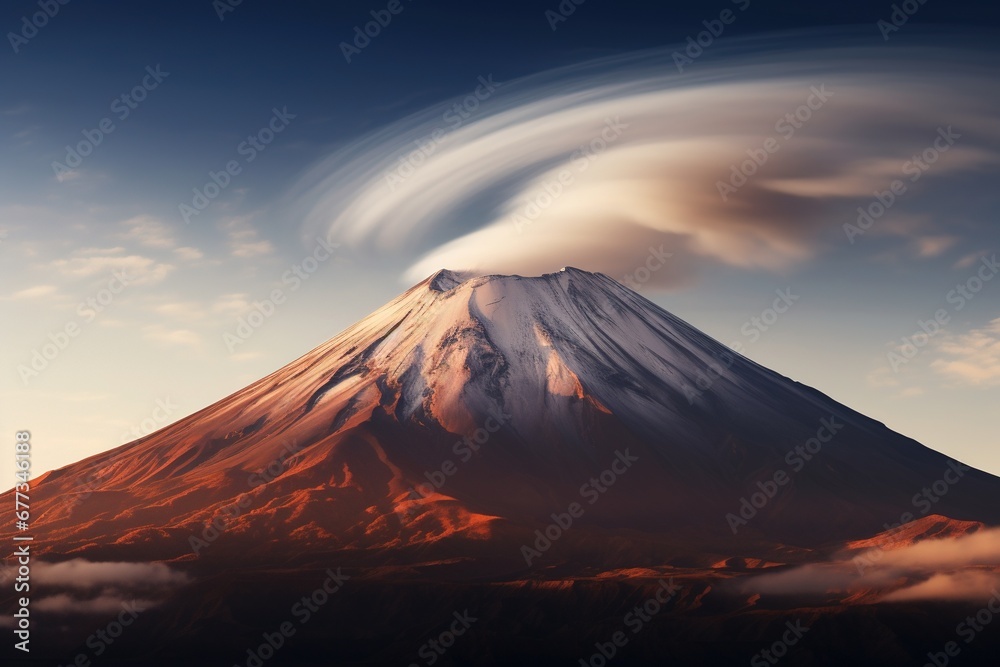 Contrasting cirrus streaks above a simmering volcano