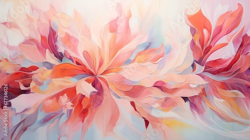 a painting of pink and red flowers on a blue and white background with a light blue sky in the background.