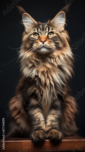  a long haired cat sitting on top of a wooden table looking at the camera with a serious look on its face.