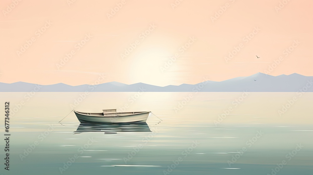  a boat floating on top of a large body of water under a pink and blue sky with mountains in the background.
