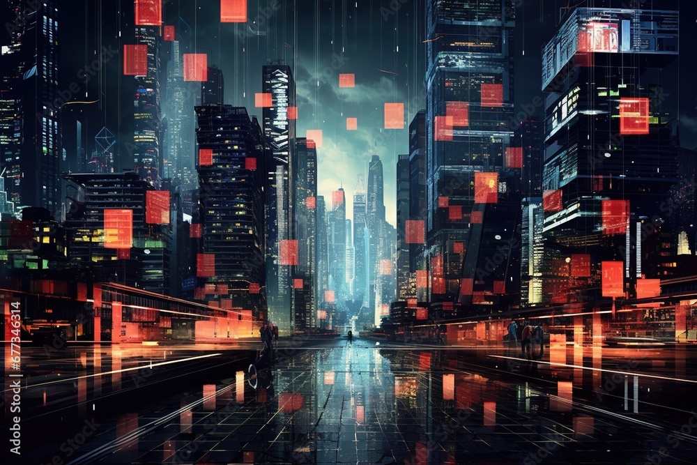 Cyberpunk cityscape with algorithmic patterns