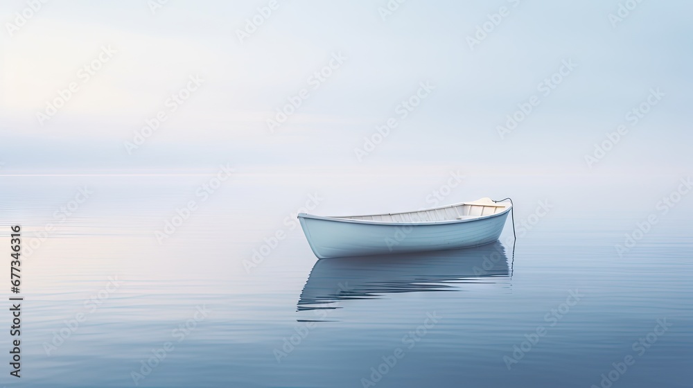  a white boat floating on top of a body of water next to a boat floating on top of a body of water. - obrazy, fototapety, plakaty 