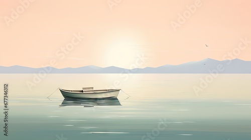  a boat floating on top of a large body of water under a pink and blue sky with mountains in the background.