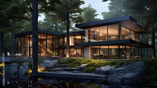  a house in the middle of a forest with a pond in front of it and a lot of trees around it.