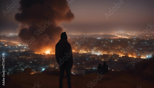 Silhouette of a man standing in front of a burning city