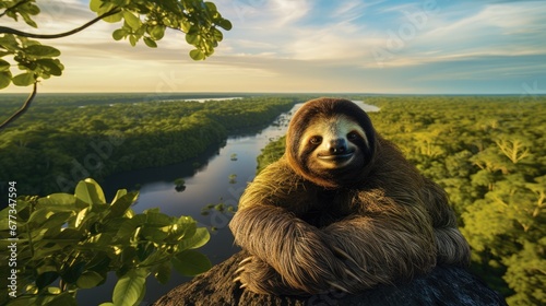  a brown and white sloth sitting on top of a tree next to a lush green forest filled with trees.