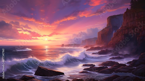 A dramatic coastal cliff scene at sunset, with waves crashing against rugged rocks, and the sky painted in hues of orange, pink, and purple