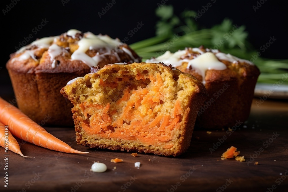 Carrot muffin cut in half to reveal moist interior Carrot muffin cut in half to reveal moist interior