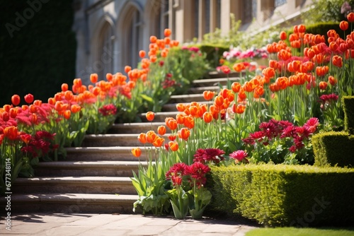 Cascading multilevel beds of tulips in a formal garden estate © Dan