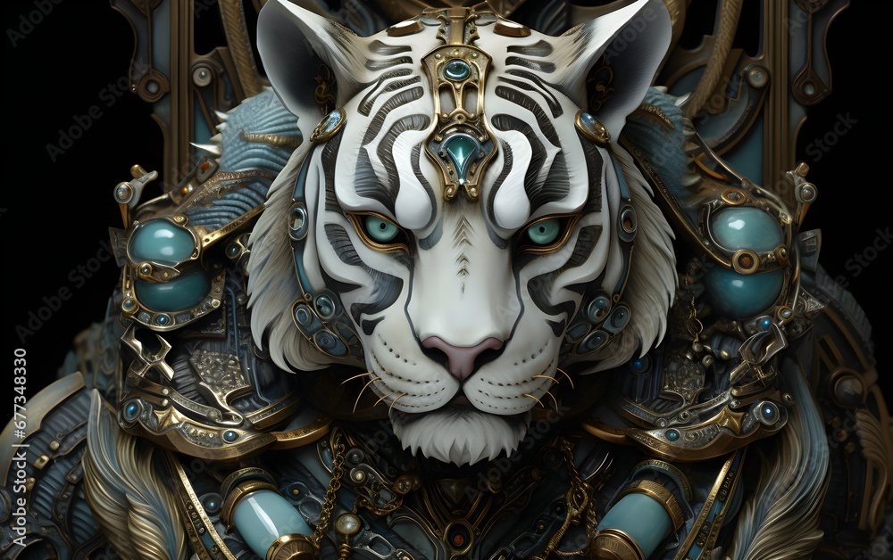 Image of a tiger modified into a electronics robot on a modern background. Wildlife futuristic tiger knight, mechanical robot warrior, electronic animal, cyborg, nature