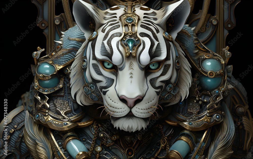 Image of a tiger modified into a electronics robot on a modern background. Wildlife futuristic tiger knight, mechanical robot warrior, electronic animal, cyborg, nature Image of a tiger modified into a electronics robot on a modern background. Wildlife futuristic tiger knight, mechanical robot warrior, electronic animal, cyborg, nature