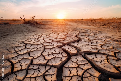 Cracked mud in a dried-up riverbed, emphasizing the drought effect photo