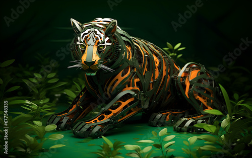 Image of a tiger modified into a electronics robot on a modern background. Wildlife futuristic tiger knight, mechanical robot warrior, electronic animal, cyborg, nature