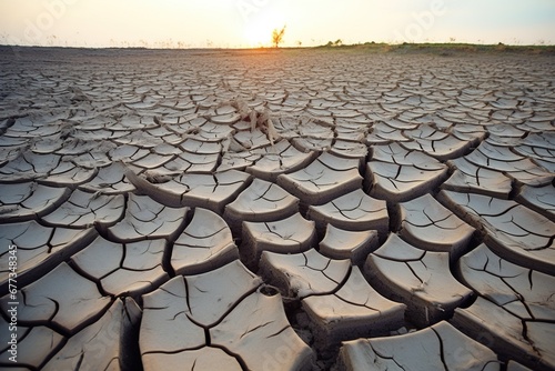 Cracked mud in a dried-up riverbed, emphasizing the drought effect