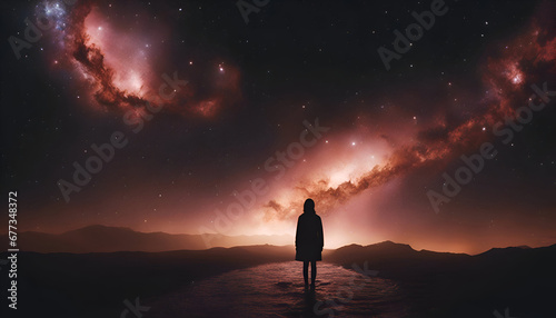 Woman standing on the road and looking at the milky way.
