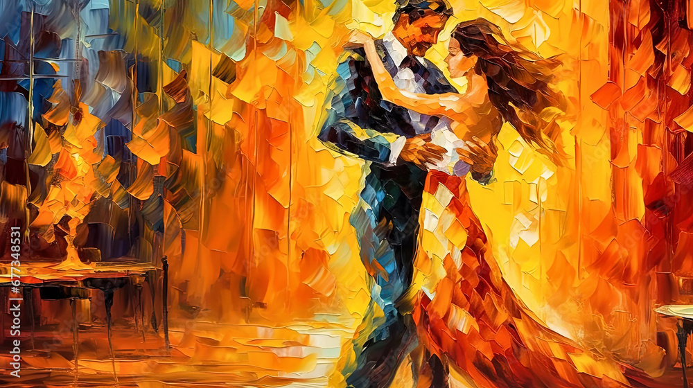 Passionate and romantic dance of a man and a woman. Oil painting. Wide relief brush strokes. A bright palette of fiery colors. - obrazy, fototapety, plakaty 