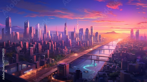A sprawling cityscape at dusk, with skyscrapers bathed in the warm glow of sunset. Neon lights begin to flicker on, reflecting off the glass facades of the buildings. The streets are bustling with peo