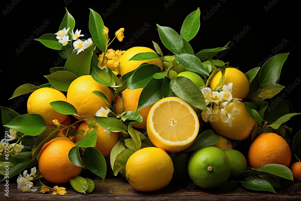 Citrus medley with leaves in soft light