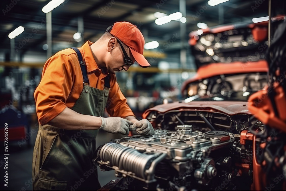 A male mechanic is repairing a car engine.