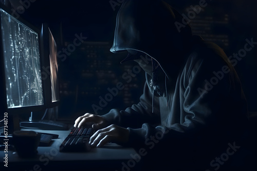 Hooded hacker stealing data from computer at night. Cybercrime concept.