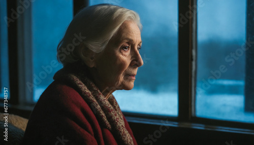 An Elderly person wearing a scarf looking out window. Winter cost of energy crisis - Generative AI