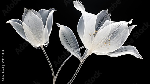  a couple of white flowers sitting on top of a black table next to a vase with a white flower on top of it.