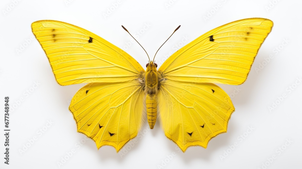a close up of a yellow butterfly on a white background with only one wing missing from it's wings. a close up of a yellow butterfly on a white background with only one wing missing from it's wings.