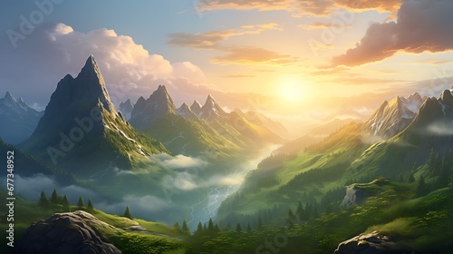 A serene mountain landscape at sunrise  with mist rolling over lush green valleys and a golden sun peeking through the peaks
