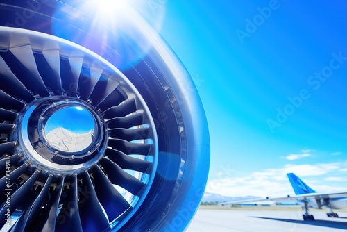 Close-up of a jet engine with vibrant blue sky in the background