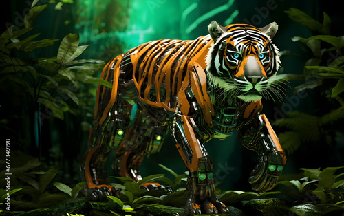 Image of a tiger modified into a electronics robot on a modern background. Wildlife futuristic tiger knight, mechanical robot warrior, electronic animal, cyborg, nature © Vladislava