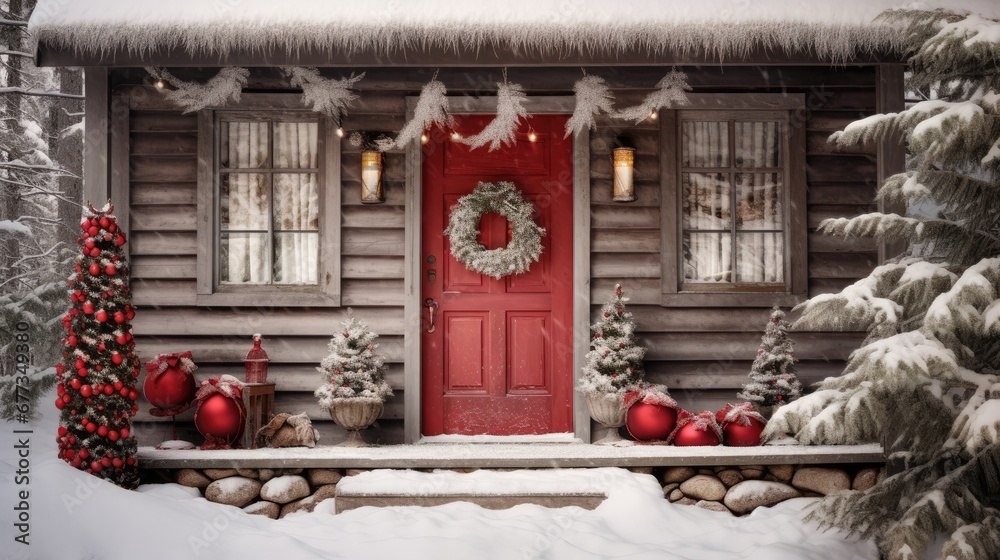  a house decorated for christmas with a red door and a wreath on the front of the house and christmas decorations on the porch.