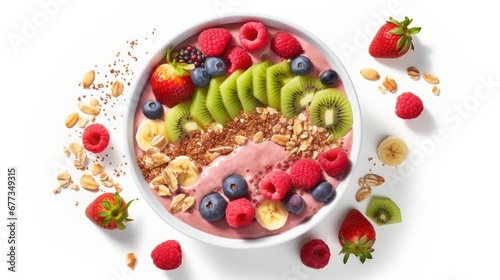  a bowl of fruit, nuts, and yogurt with berries and kiwis on a white background.
