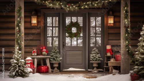  a porch decorated for christmas with presents and a wreath on the front door of a log cabin with snow on the ground. © Olga